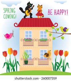 Cartoon house with tulips nearby, funny cats on roof and birds.Vector illustration.