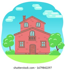 Cartoon house. Vector isolated color image of a house, tree, or cloud. Flat style