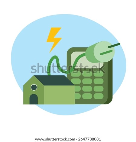 Cartoon house is wired to a calculator with a yellow lightning bolt above, suggesting sustainable energy or smart home financial planning in a simple