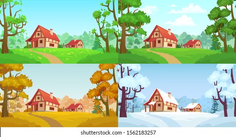 Cartoon house in woods. Forest village four seasons landscapes. Spring, summer, autumn and winter trees. Forests house landscape, rural home or wood village cottage vector illustration