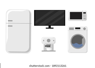 Cartoon household appliances set with microwave, TV, refrigerator, oven and washing machine, coffee machine. Vector set