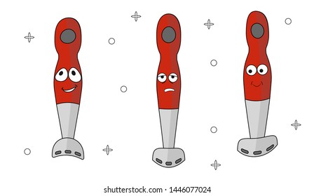 Cartoon household appliances set with three blenders with a red handle. Three emotions: joy, embarrassment, upset. To create icons, web design, landing pages, posters in cafes and restaurants