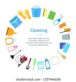 Cartoon Household Cleaning Banner Card Circle Include of Brush, Sponge, Bottle, Glove, Bucket and Detergent. Vector illustration of Icons