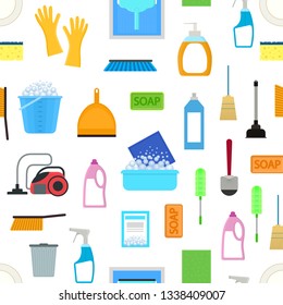 Cartoon Household Cleaning Seamless Pattern Background on a White Include of Brush, Sponge, Bottle, Glove, Bucket and Detergent. Vector illustration of Icons