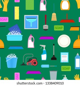Cartoon Household Cleaning Seamless Pattern Background Include of Brush, Sponge, Bottle, Glove, Bucket and Detergent. Vector illustration of Icons