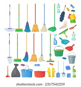 Cartoon household equipment set. A broom sweeps dust and dirt on scoop. mop or swab, feather duster, plastic bucket, domestic bottles. Cleaning services, concept. Objects isolated white background