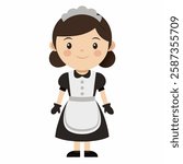 cartoon housemaid  in uniform.Suitable for children's books, sticker,t shirt design, mascot, logo. Isolated on white background. Front view.Vector illustration. 