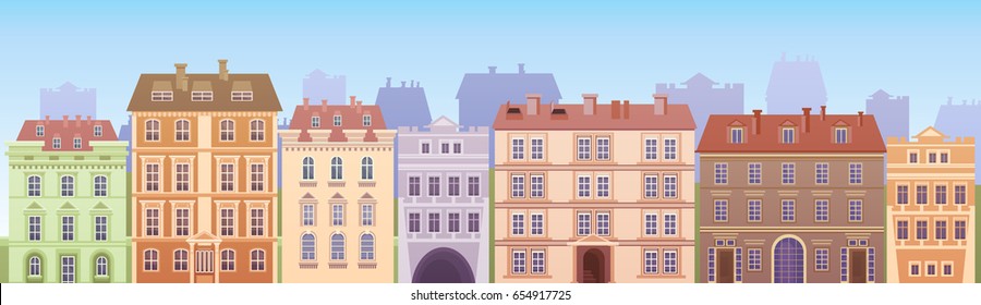 Cartoon Houses Buildings Old Town View Banner Skyline Flat Vector Illustration