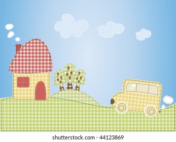 Cartoon houses and the car on a pattern of cell background.