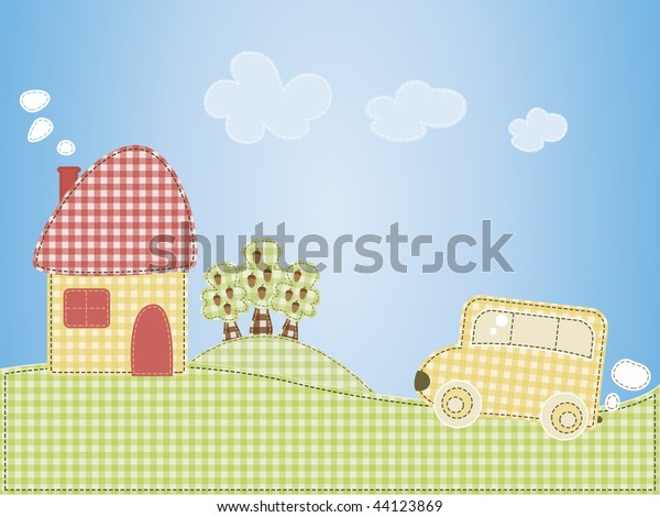Cartoon houses and the car on a pattern of\
cell background.