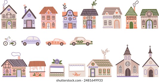 Cartoon Houses And Cars. Cute Village Vector Illustrations