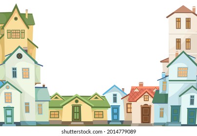 Cartoon houses of different colors. Village or town. Frame. A beautiful, cozy country house in a traditional European style. Nice funny home. Rural building. Illustration Vector