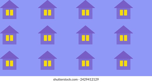 Cartoon houses at dusk on a purple background. Seamless pattern. Violet houses on a lilac. Flat style. Isolated. Background for cover, fabric, decor. 