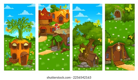 Cartoon houses. Game landscape with pixie funny dwelling, level design magic background with fairy creature houses. Game environment vector landscape with shacks, homes in carrot, tree stump and boot