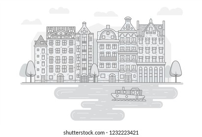 The cartoon houses with lake, trees, clouds and ship. Vector  line town illustration. 