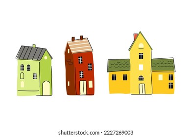 Cartoon houses in scandinavian style. Multicolored bright high-rise buildings. Objects for your design isolated.