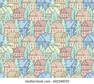 Cartoon houses. Seamless vector pattern. Village illustration.