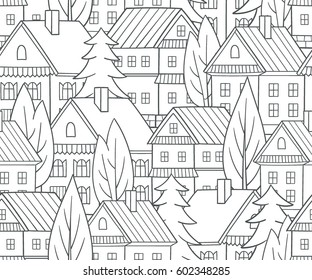 Cartoon houses. Seamless vector pattern. Village illustration.