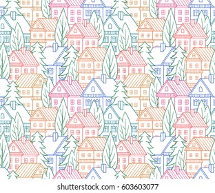 Cartoon houses. Seamless vector pattern. Village illustration.