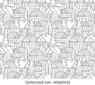 Cartoon houses. Seamless vector pattern. Village illustration.