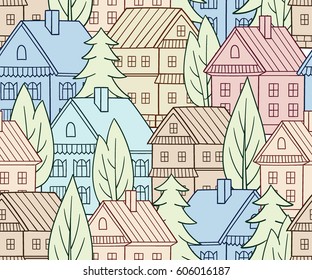 Cartoon houses. Seamless vector pattern. Village illustration.