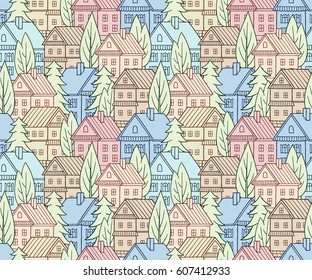 Cartoon houses. Seamless vector pattern. Village illustration.