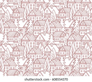 Cartoon houses. Seamless vector pattern. Village illustration.