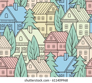 Cartoon houses. Seamless vector pattern. Village illustration.