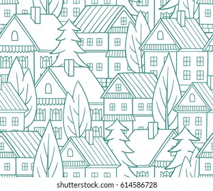 Cartoon houses. Seamless vector pattern. Village illustration.
