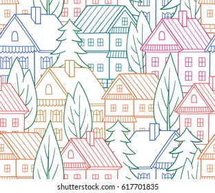 Cartoon houses. Seamless vector pattern. Village illustration.
