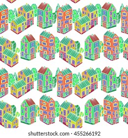 Cartoon Houses set. Colorful Vector seamless pattern.
