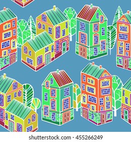 Cartoon Houses set. Colorful Vector seamless pattern.
