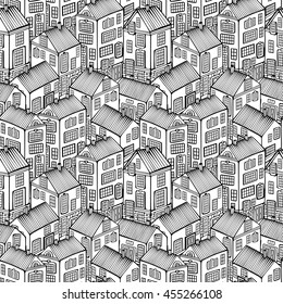 Cartoon Houses set. Monochrome Vector seamless pattern.
