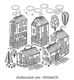 Cartoon Houses set. Monochrome Vector image.
