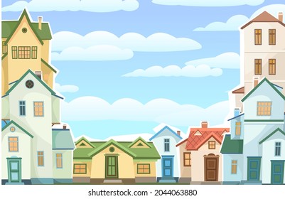 Cartoon houses with sky. Village or town. Frame. A beautiful, cozy country house in a traditional European style. Nice funny home. Rural building. Illustration Vector.
