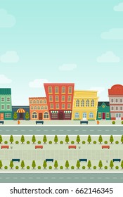 Cartoon houses street panorama cityscape post card whith place for text field, vector illustration