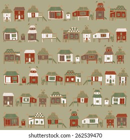 Cartoon houses streets. Seamless pattern in vector.