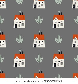 Cartoon houses and stylised plants isolated on gray background. Vector seamless pattern. Hand drawn backdrop for textile, wallpaper, wrapping paper, background flat design. Scandinavian style print.