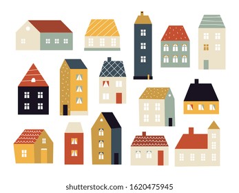 Cartoon houses. Various small cute houses, simple home facade with doors and windows, building exterior, cottage village colored vector set