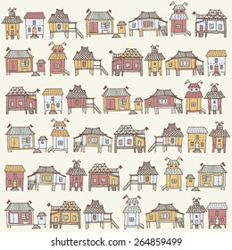 Cartoon houses in vector. Set of Hand drawn houses. Oriental countryside cottage in vector
