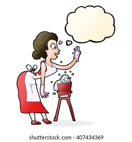 cartoon housewife washing up with thought bubble