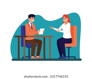 Cartoon HR department manager conducting interview with job seeker. Working in recruitment agency. Headhunting business representatives. Vector illustration