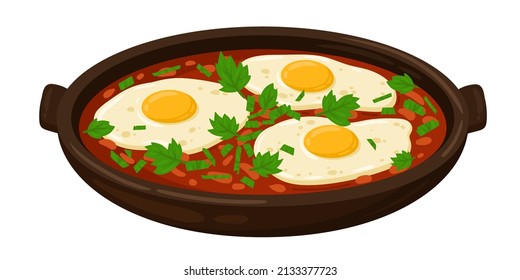 Cartoon Huevos rancheros Mexican food vector illustration. Traditional Mexican Cuisine. Huevos rancheros with sauce isolated on white background.