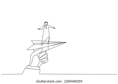 Cartoon of huge hand holding paper plane and take off with arabian man. Continuous line art style
