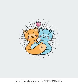 Cartoon hugging cats. Greetings and surprise vector illustration for prints, cards and coloring books