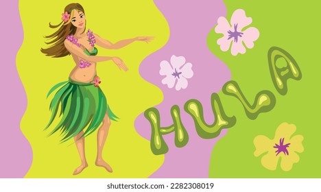 Cartoon hula dancer with title on colored background