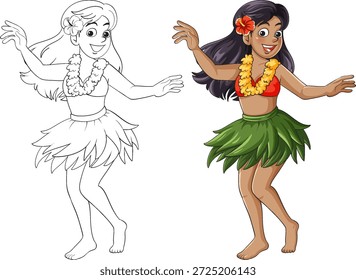 Cartoon hula dancer wearing grass skirt, flower lei, vibrant colors, outlined and colored versions shown