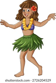 Cartoon hula dancer wearing grass skirt, flower lei, and hibiscus, isolated on white background
