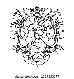 Cartoon human abdominal organs surrounded by flowers and leaves, symbolizing blooming health