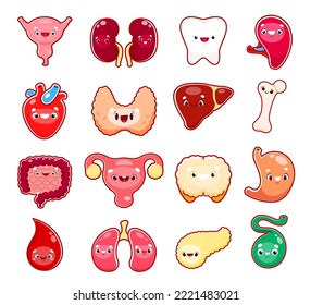 Cartoon human body organ characters, vector funny body parts anatomy. Brain, kidney and heart with tooth and bone, kids emoji smiles and cartoon emoticons of body organs, intestine, pancreas and liver